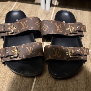 Louis Vuitton Monogram Brown Slides with Gold Buckles